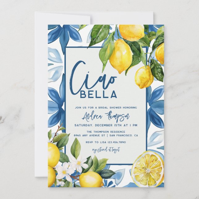 Invitación Lemon Mediterranean Blue Tile Briower (Anverso)