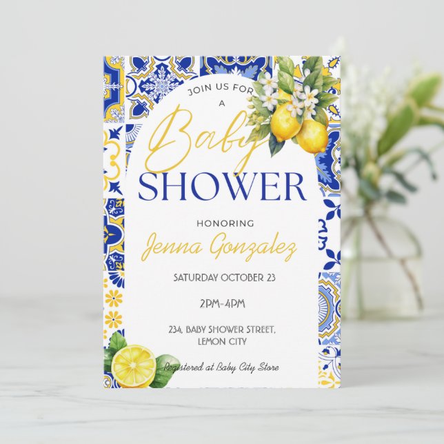Invitación Lemon Mediterranean Italian Blue Tiles Baby Shower (Anverso de pie)