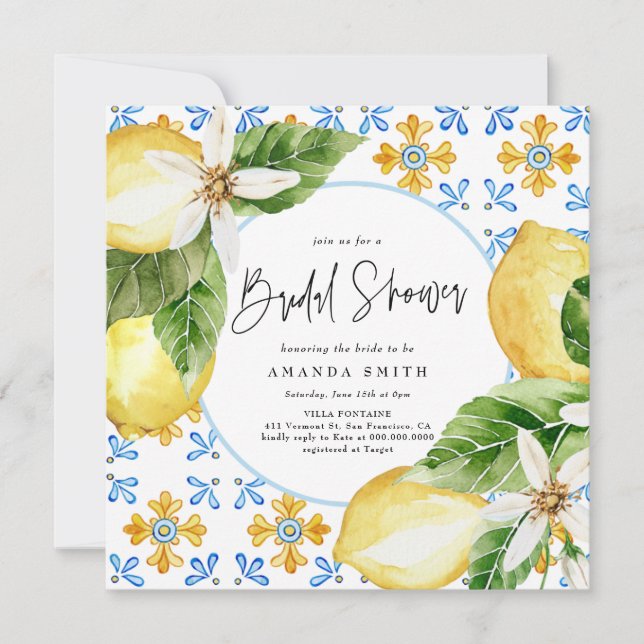 Invitación Lemon Mediterranean Italy Blue Tiles Briower (Anverso)