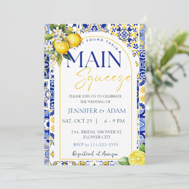 Invitación Lemon Mediterráneo Azulejos Azul SqueezeWedding Pr (Anverso de pie)