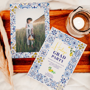 Invitación Lemon mosaicos azules italianos graduación de acua