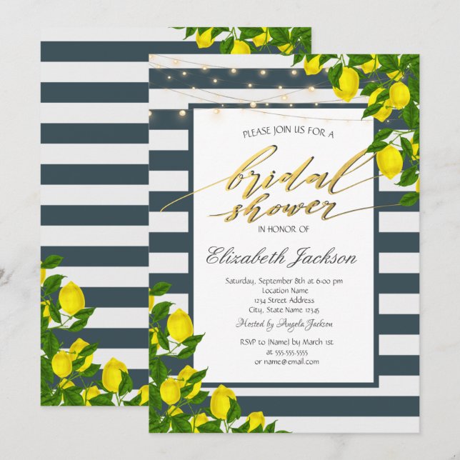 Invitación Lemon Navy Blue Striped Bridal Shower (Anverso / Reverso)