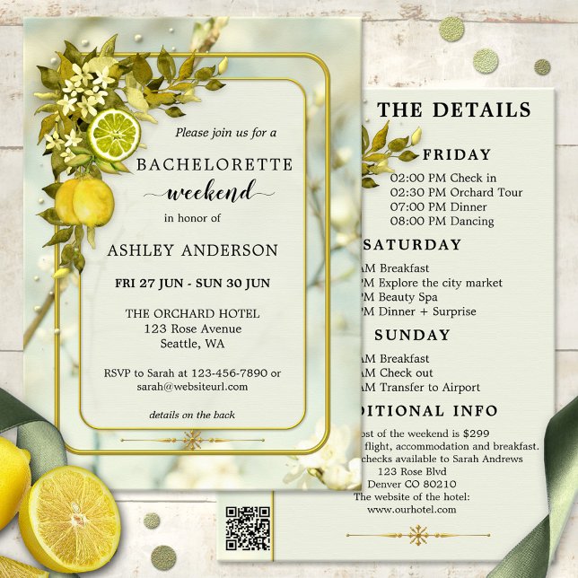 Invitación Lemon Orchard Watercolor Bachelorette Weekend (Bachelorette weekend itinerary invite showing watercolor citrus fruits and green leaves with flowers)