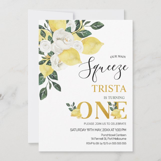 Invitación Lemon Our Main Squeeze First Birday (Anverso)