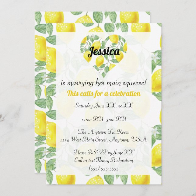 Invitación Lemon Pattern Heart Main Squeeze Bridal Shower (Anverso / Reverso)