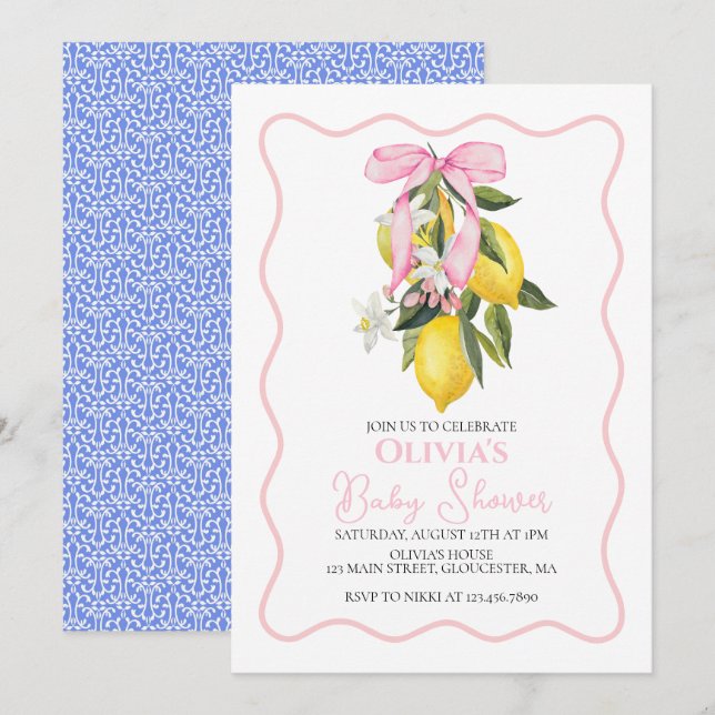 Invitación Lemon Pink Bow preppy Ducha de bebé Coquette (Anverso / Reverso)