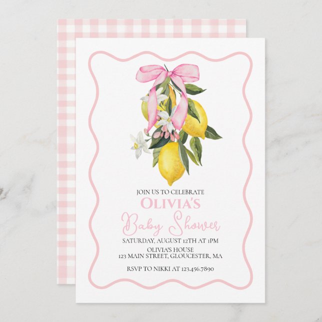 Invitación Lemon Pink Bow preppy Ducha de bebé Coquette (Anverso / Reverso)