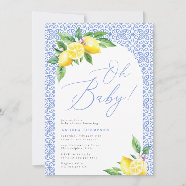 Invitación Lemon Positano Italiano Blue Tile Oh baby Shower (Anverso)