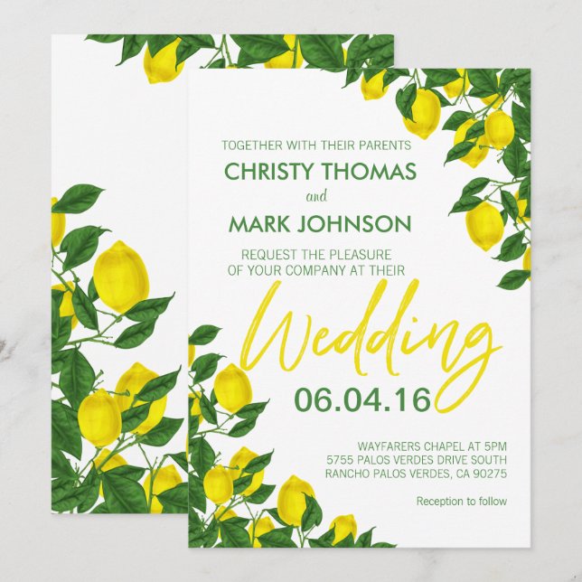 Invitación Lemon Summer Modern Yellow Boda (Anverso / Reverso)