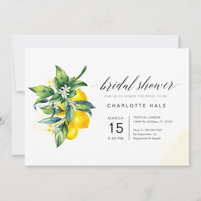 Invitación Lemon Watercolor Bridal Shower (Anverso)
