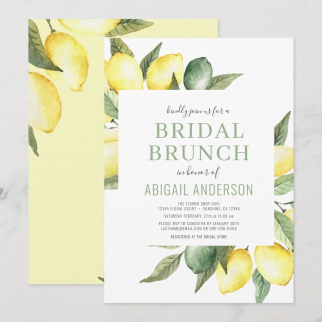 Invitación Lemon Watercolor Citrus Brunch Bridal Moderno (Anverso / Reverso)