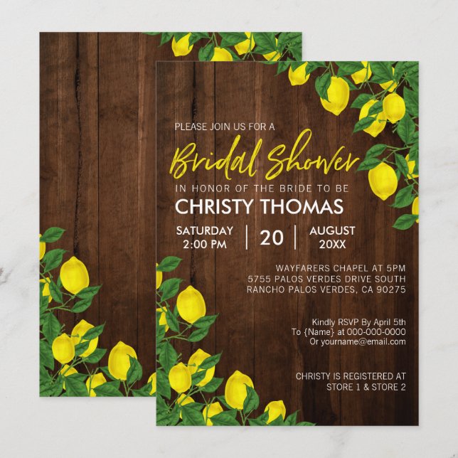 Invitación Lemon Watercolor Rústico Madera Bridal Ducha (Anverso / Reverso)