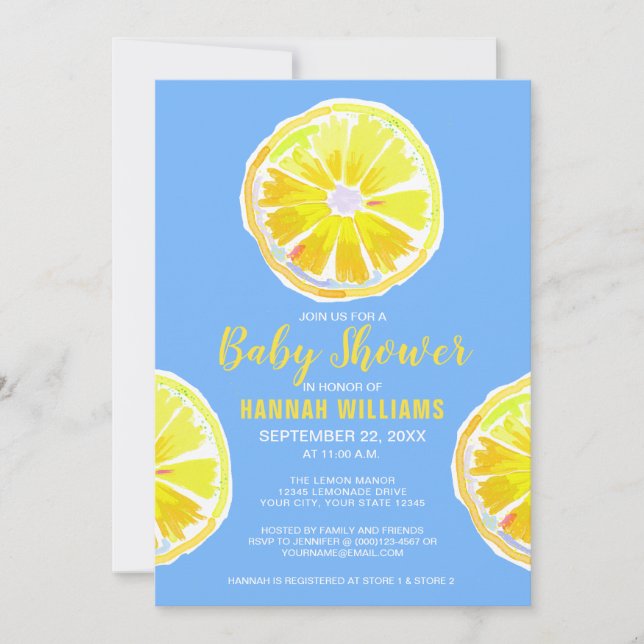 Invitación Lemon Watercolor Slices Blue Baby Shower (Anverso)
