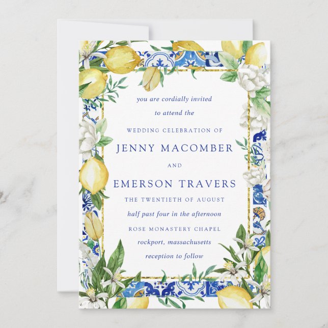 Invitación Lemon White Floral Blue Mosaic Tile Boda (Anverso)