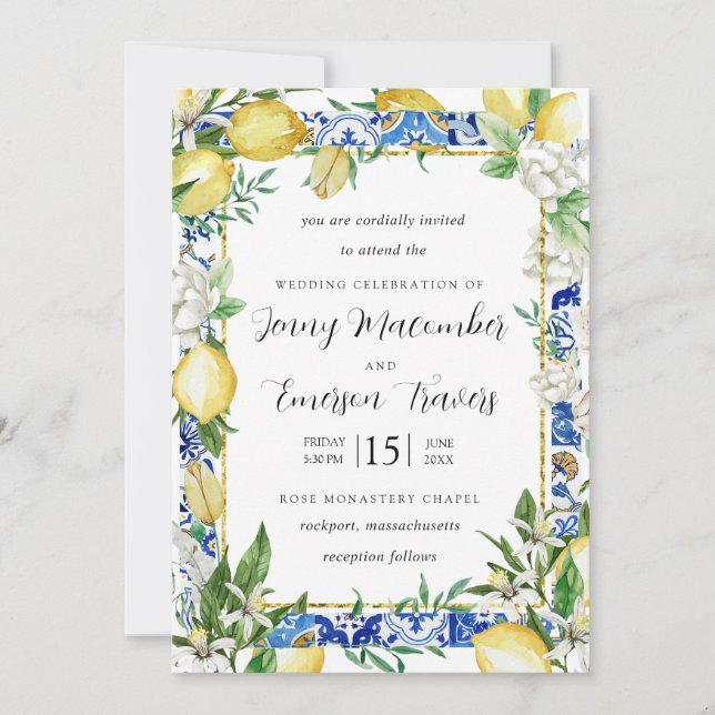 Invitación Lemon White Floral Blue Mosaic Tile Boda (Anverso)