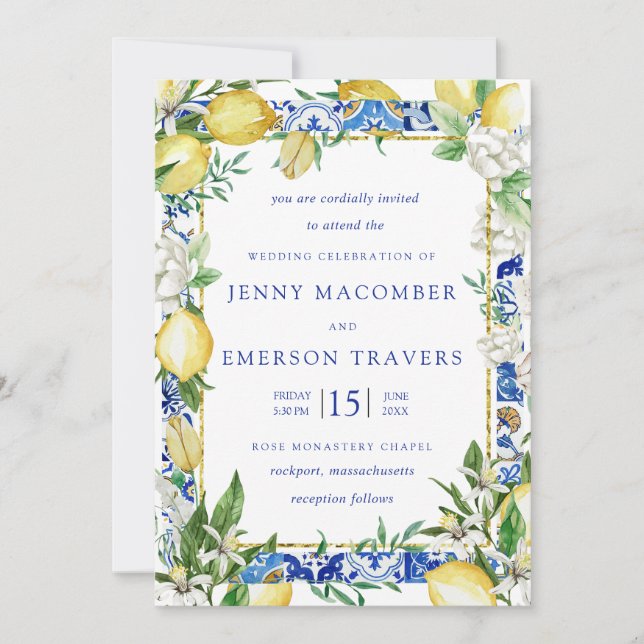 Invitación Lemon White Floral Blue Mosaic Tile Boda (Anverso)