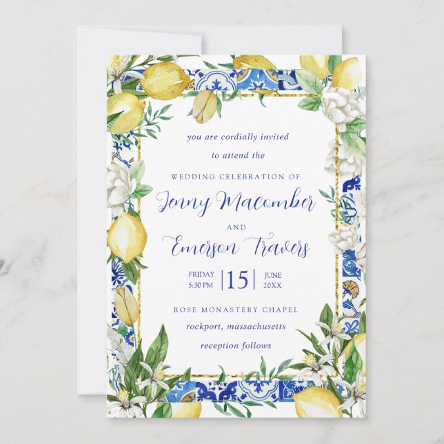 Invitación Lemon White Floral Blue Mosaic Tile Boda (Anverso)