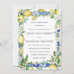Invitación Lemon White Floral Blue Mosaic Tile Boda