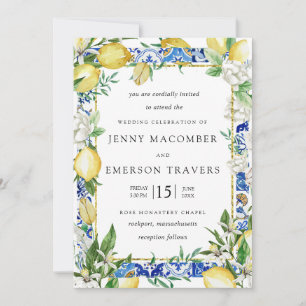 Invitación Lemon White Floral Blue Mosaic Tile Boda