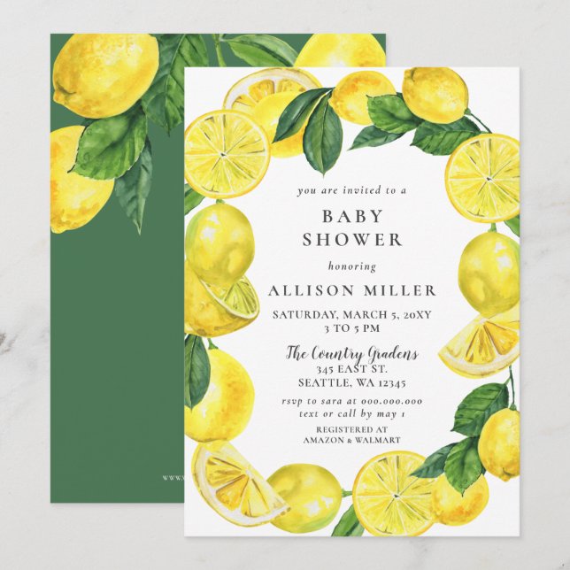 Invitación Lemon Wreath Sexo Neutral Baby Shower (Anverso / Reverso)