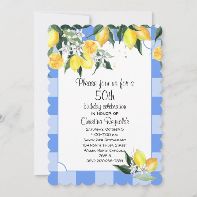 Invitación Lemon y Blue Gingham 50 cumpleaños (Anverso)