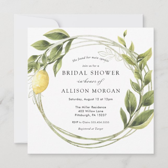 Invitación Lemon y Greeneration Wreath Bridal Shower (Anverso)