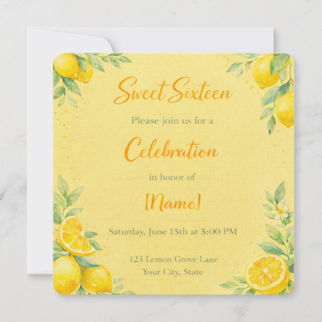 Invitación "Lemon-y" Sweet 16 invite  (Anverso)