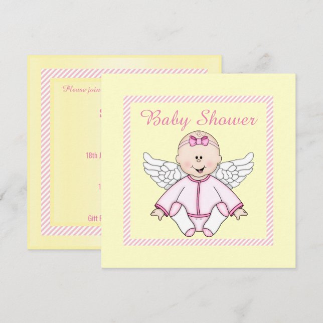 INVITACIÓN LEMON YELLOW PINK STRIPE ANGEL BABY SHOWER (Anverso / Reverso)
