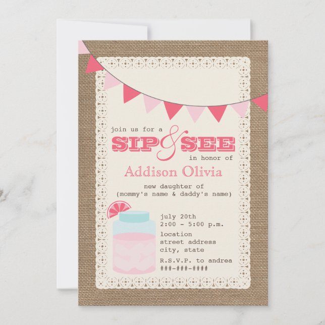 Invitación Lemonade rosa Burlap inspirado Sip & See Baby Girl (Anverso)
