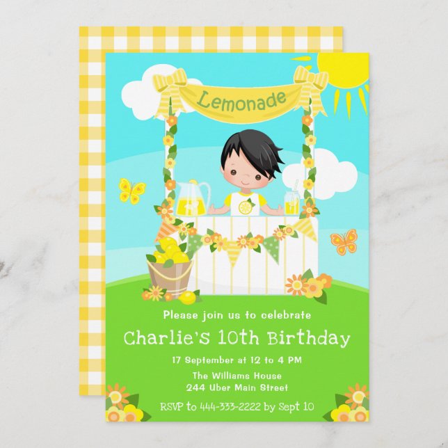 Invitación Lemonade Stand Birday Black Hair Boy (Anverso / Reverso)