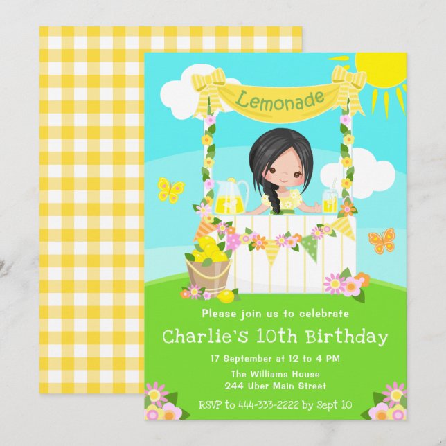 Invitación Lemonade Stand Birday Black Hair Chica (Anverso / Reverso)