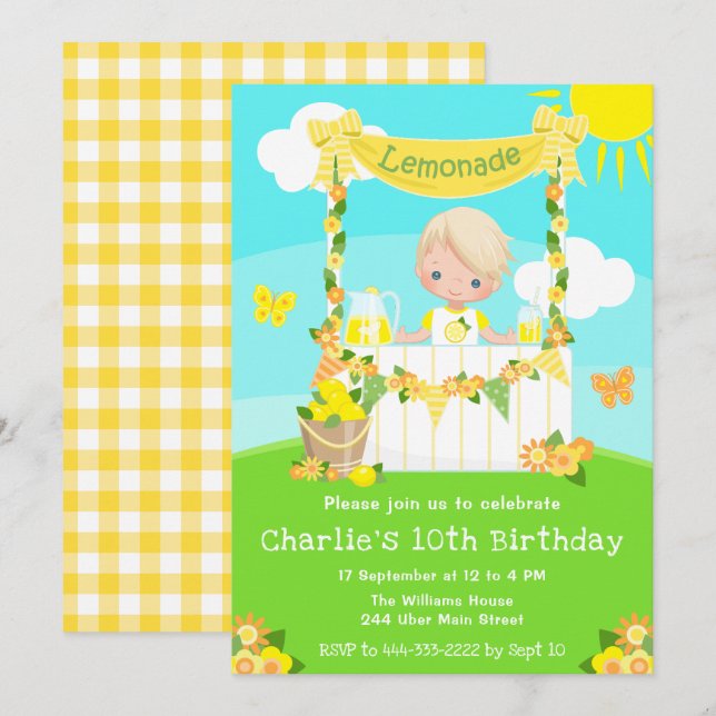 Invitación Lemonade Stand Birday Blonde Hair Boy (Anverso / Reverso)