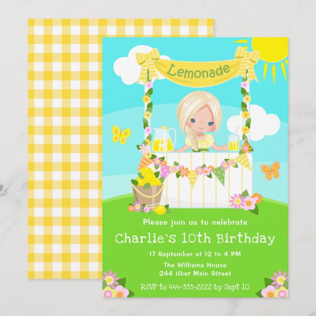 Invitación Lemonade Stand Birday Blonde Hair Chica (Anverso / Reverso)