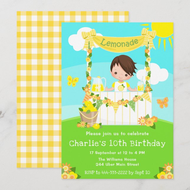 Invitación Lemonade Stand Birday Brown Hair Boy (Anverso / Reverso)