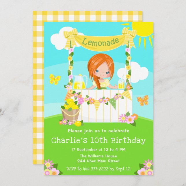 Invitación Lemonade Stand Birday Red Hair Chica (Anverso / Reverso)