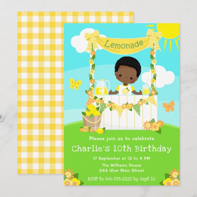 Invitación Lemonade Stand Birthday Dark Skin Boy (Anverso / Reverso)