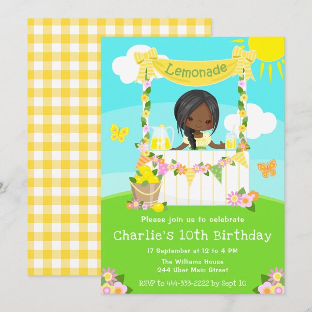 Invitación Lemonade Stand Birthday Dark Skin Chica (Anverso / Reverso)