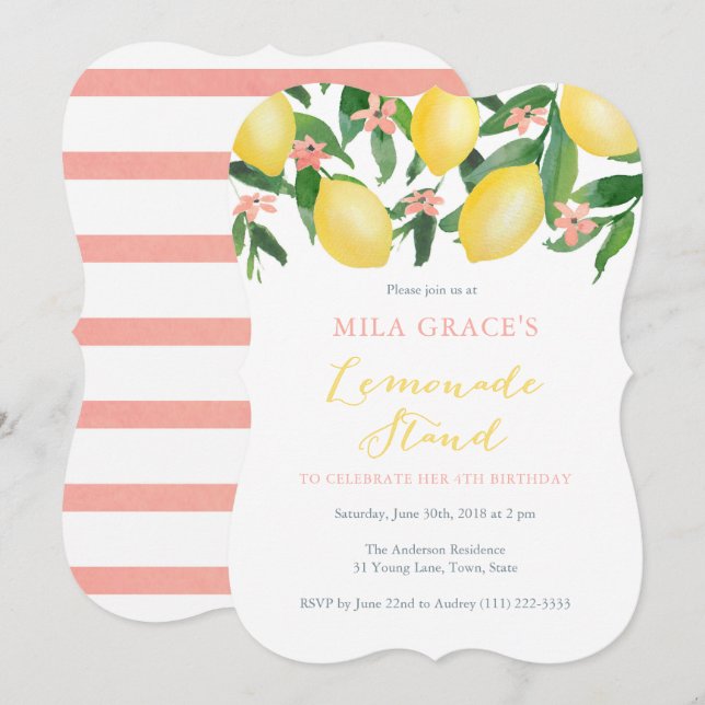 Invitación Lemonade Stand Partido De Cumpleaños Para Niña Peq (Anverso / Reverso)