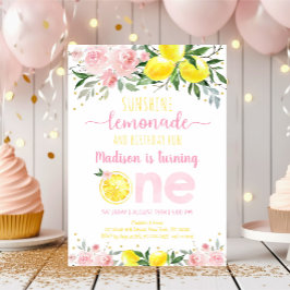Invitación Lemonade Sunshine Pink Floral Primer cumpleaños