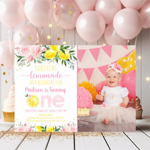 Invitación Lemonade Sunshine Pink Floral Primer cumpleaños