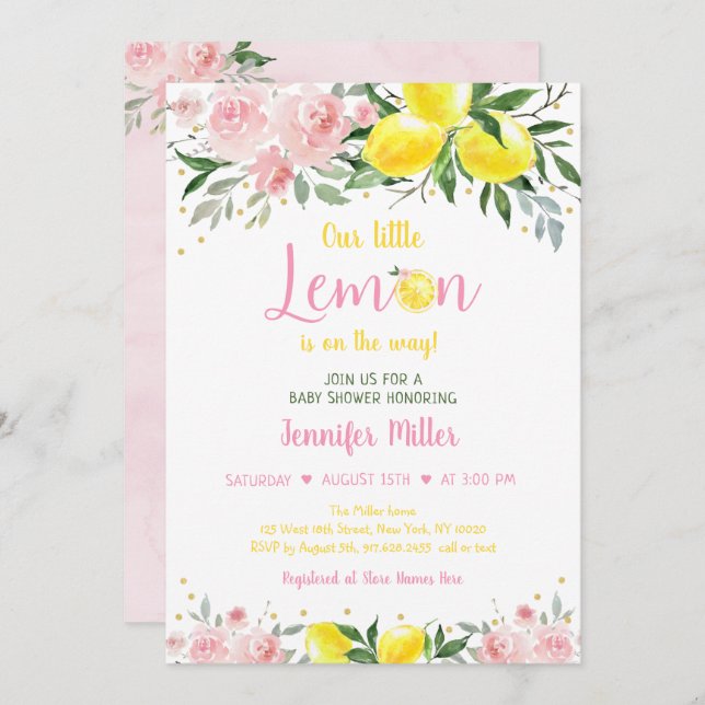 Invitación Lemonade Sunshine Pink Gold Floral Baby Shower (Anverso / Reverso)