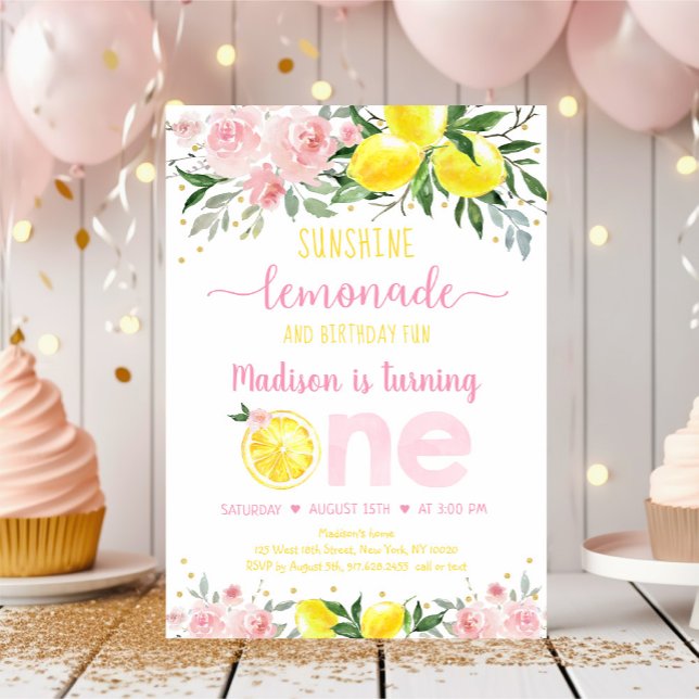 Invitación Lemonade Sunshine Pink Gold Floral Primer cumpleañ (Subido por el creador)