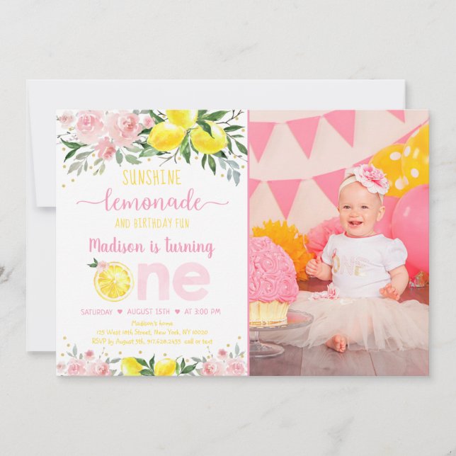 Invitación Lemonade Sunshine Pink Gold Floral Primer cumpleañ (Anverso)