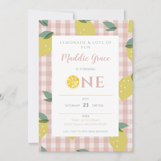 Invitación Lemonade Sunshine Pink Plaid First Birday Invita (Anverso)