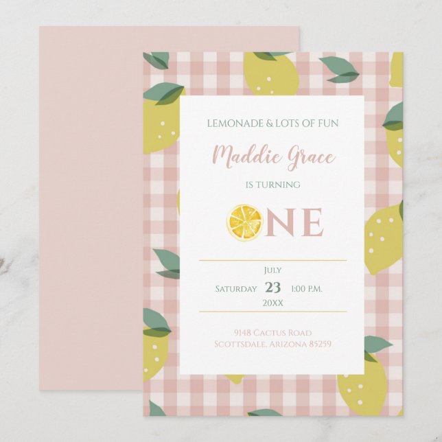 Invitación Lemonade Sunshine Pink Plaid First Cumpleaños (Anverso / Reverso)