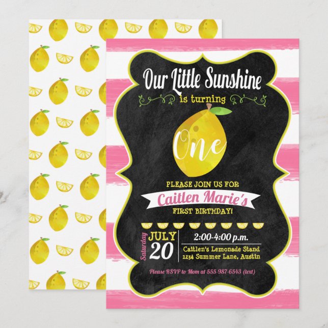 Invitación Lemonade Sunshine Pink Yellow Chalkboard cumpleaño (Anverso / Reverso)