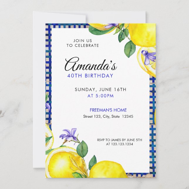 Invitación Lemones acuarelas con 40 cumpleaños mediterráneo (Anverso)