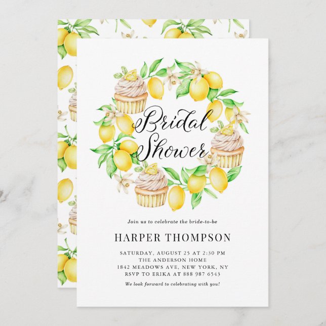 Invitación Lemones acuarelas y pasteles Wreath Brin Shower (Anverso / Reverso)