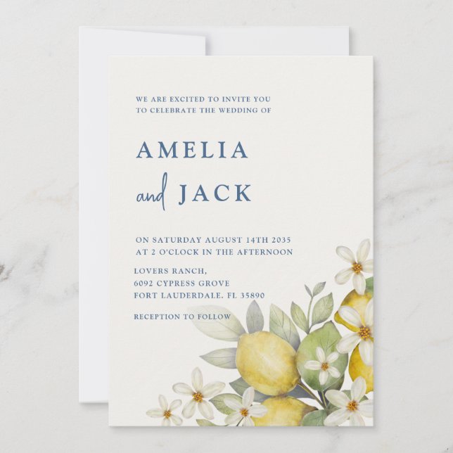 Invitación Lemones acuáticos modernos y Boda floral (Anverso)