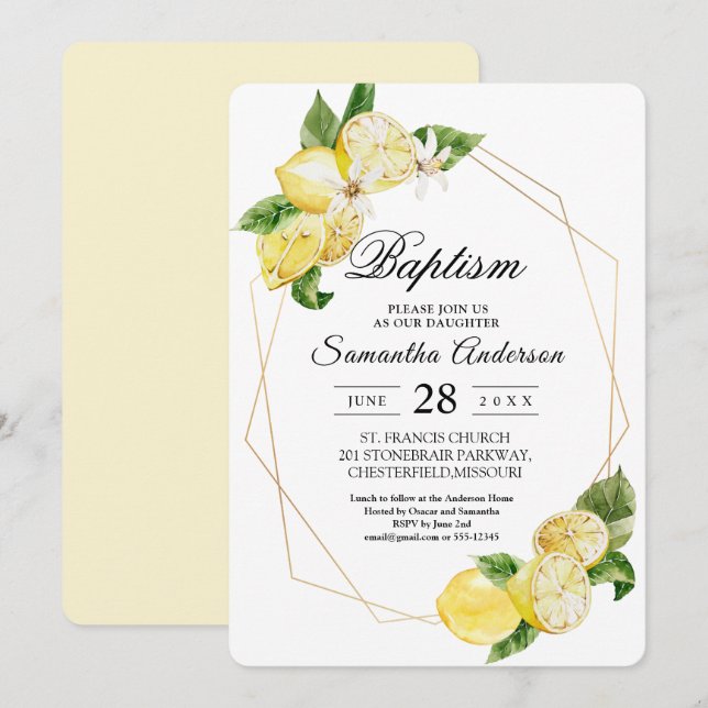 Invitación Lemones Amarillos Modernos y Belleza de Marco Dora (Anverso / Reverso)